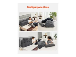 Cojín de Lectura SucceBuy, con 2 Bolsillos Laterales y 2 Reposacabezas, Almohada de Franela Lavable, Soporte Lumbar para Leer, Descansar, Gris