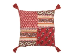 J-Line Ropa De Casa-Cojín Flores+Flecos en Algodón 45x45x12 cm Rojo