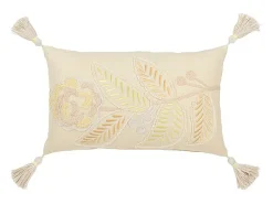 J-Line Cojín rectangular flor + flecos en algodón/lino/poliéster claro 50x30x15 cm Amarillo New
