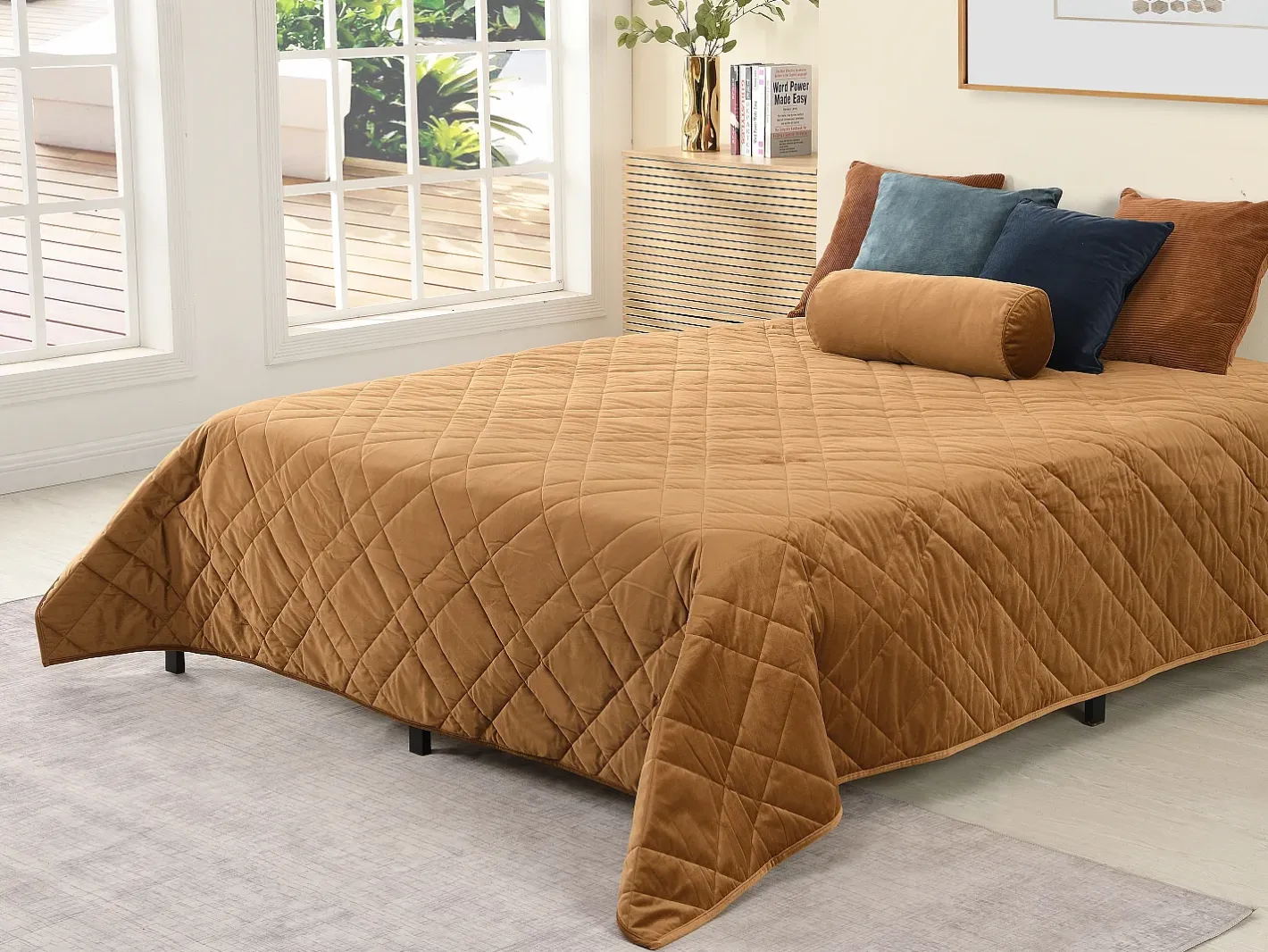OZAIA Ropa De Cama-Colcha de terciopelo acolchado - 225 x 220 cm - - PRILIO Camel