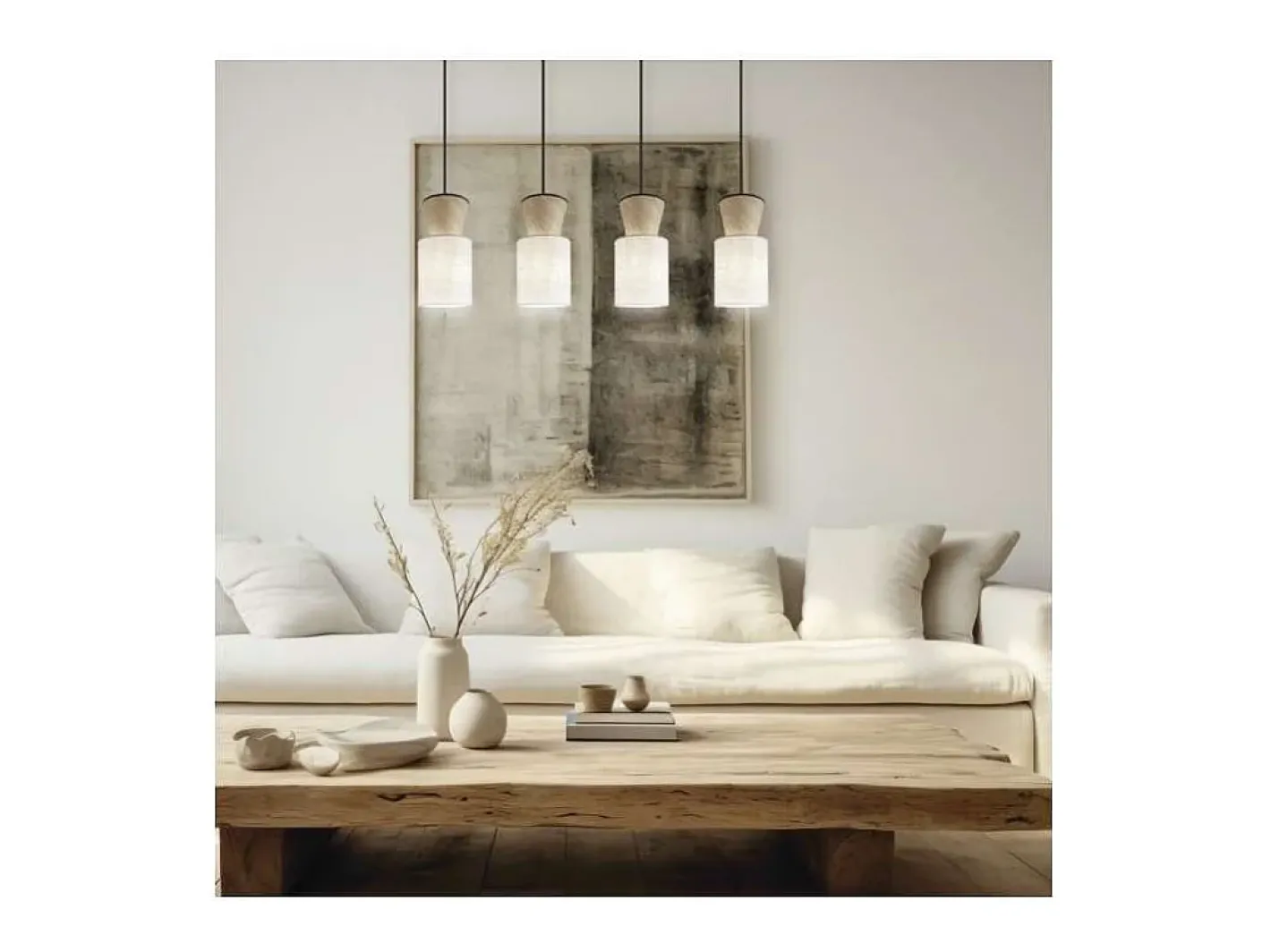 Plafón-Colgante alargado 4 luces modelo Aosta acabado /madera, 30cm(alto) 85cm(ancho) 15cm(f Beige