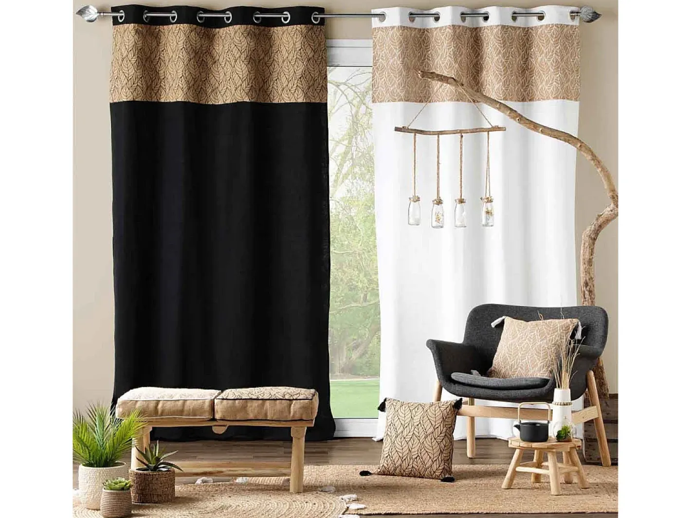 Discount Douceur d'intérieur Cortina bi material con lona de yute estampada 140 x 240 cm Blanco