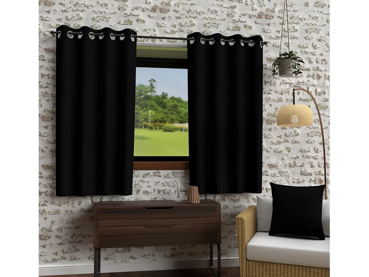 Soleil d'ocre Cortina con ojales de microfibra lavada 135x180 cm BOHEME Negro Best