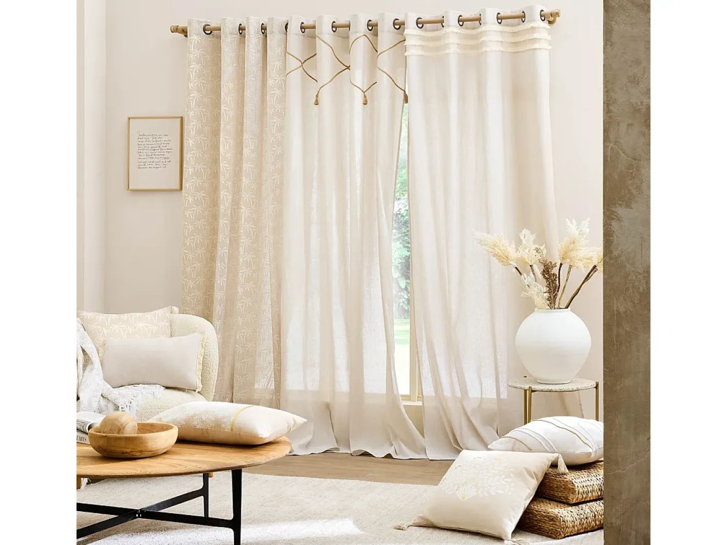 Hot Douceur d'intérieur Cortina con ojales de yute con borlas Beige