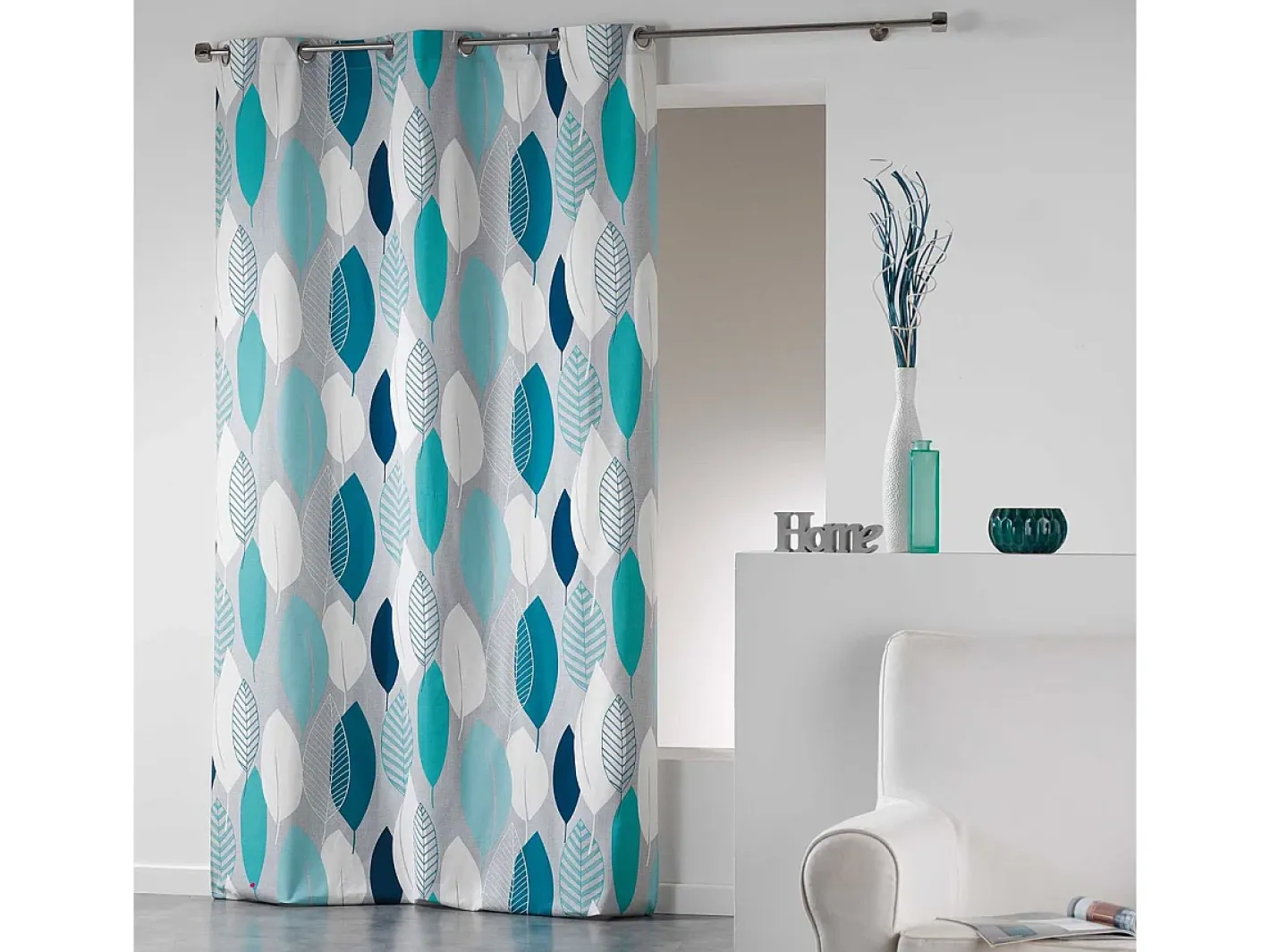 Douceur d'intérieur Ropa De Casa-Cortina de algodón "farándola de hojas" 140 x 240 cm Azul