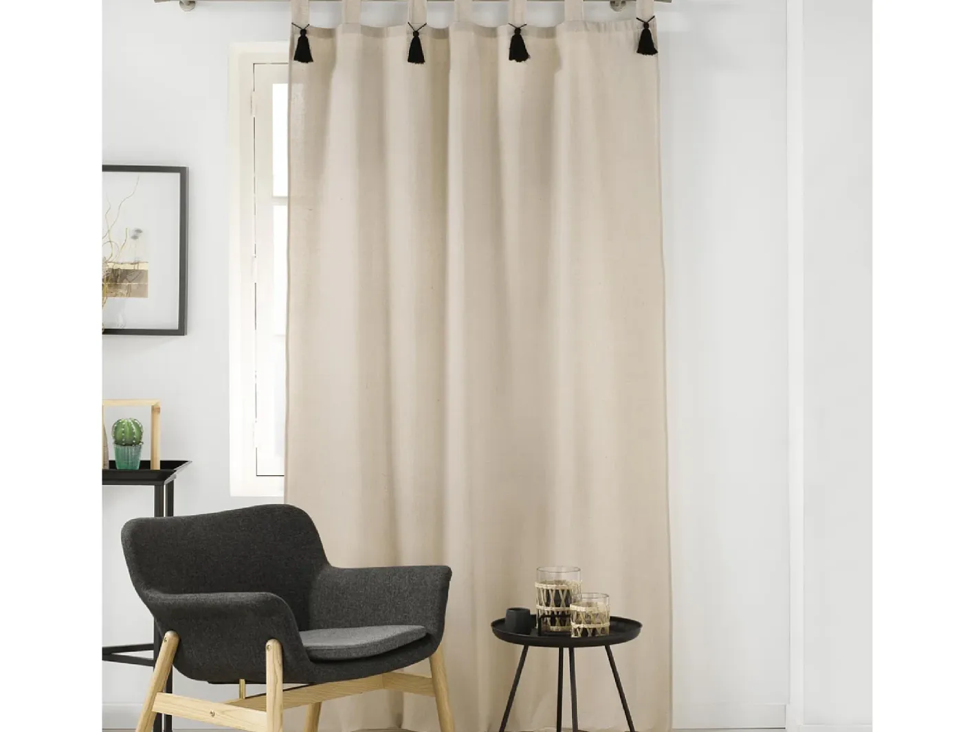 Douceur d'intérieur Ropa De Casa-Cortina natural con pompones 140 x 240 cm Beige