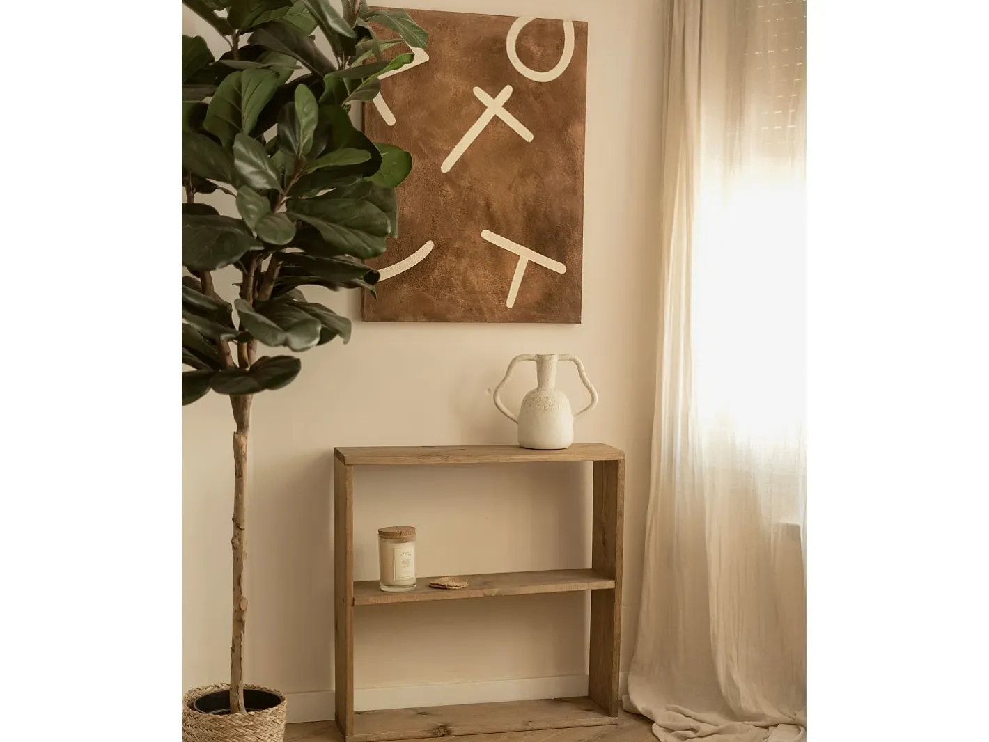 DECOWOOD Cuadro decorativo sobre lienzo de algodón con marco de madera marrón claro pintado artesanalmente con pintura al oleo de 60x80cm - SILVANA - Multicolor Outlet