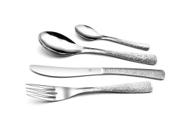Cubierto-Cubertería Étnica de 24 Piezas en Acero Inoxidable con Decoración Martillada - Estuche de Regalo Plateado