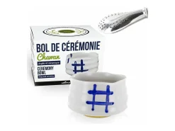 Hot Cuenco ceremonial japones Chawan Blanco + pajita de acero inoxidable con filtro Multicolor