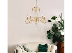 Sale Damasco - Lámpara de hierro lacado con decoración. Efecto decapé y acabados en oro antiguo con pedrería de cristal 5 luces 125 - Ø63 Marfil