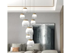 Drum Sosp. Tonda Bianco 8 Luci Vetri 5 Pic. + 3 Gr. Decoro Oro Opaco Dorado Discount