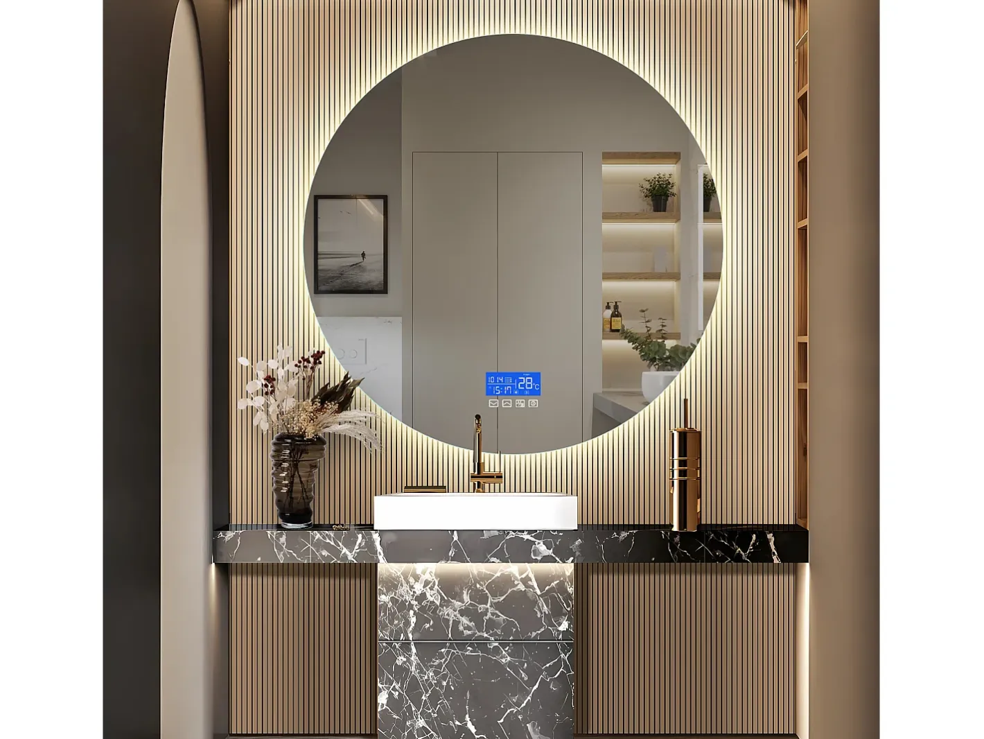 Espejo-Espejo de baño - 100*100 cm - con LED - Función antivaho - Visualización de tiempo/temperatura - Blanco
