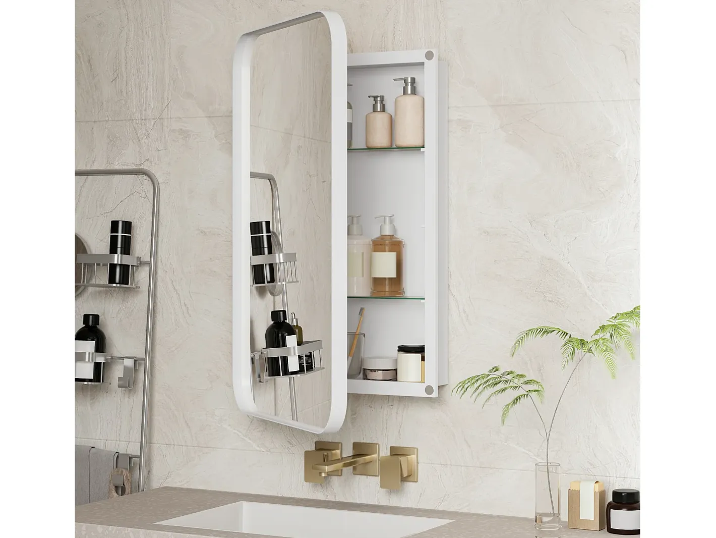 Espejo-Espejo de baño - Mueble con espejo - Estante regulable - 76 x 51 cm - Blanco