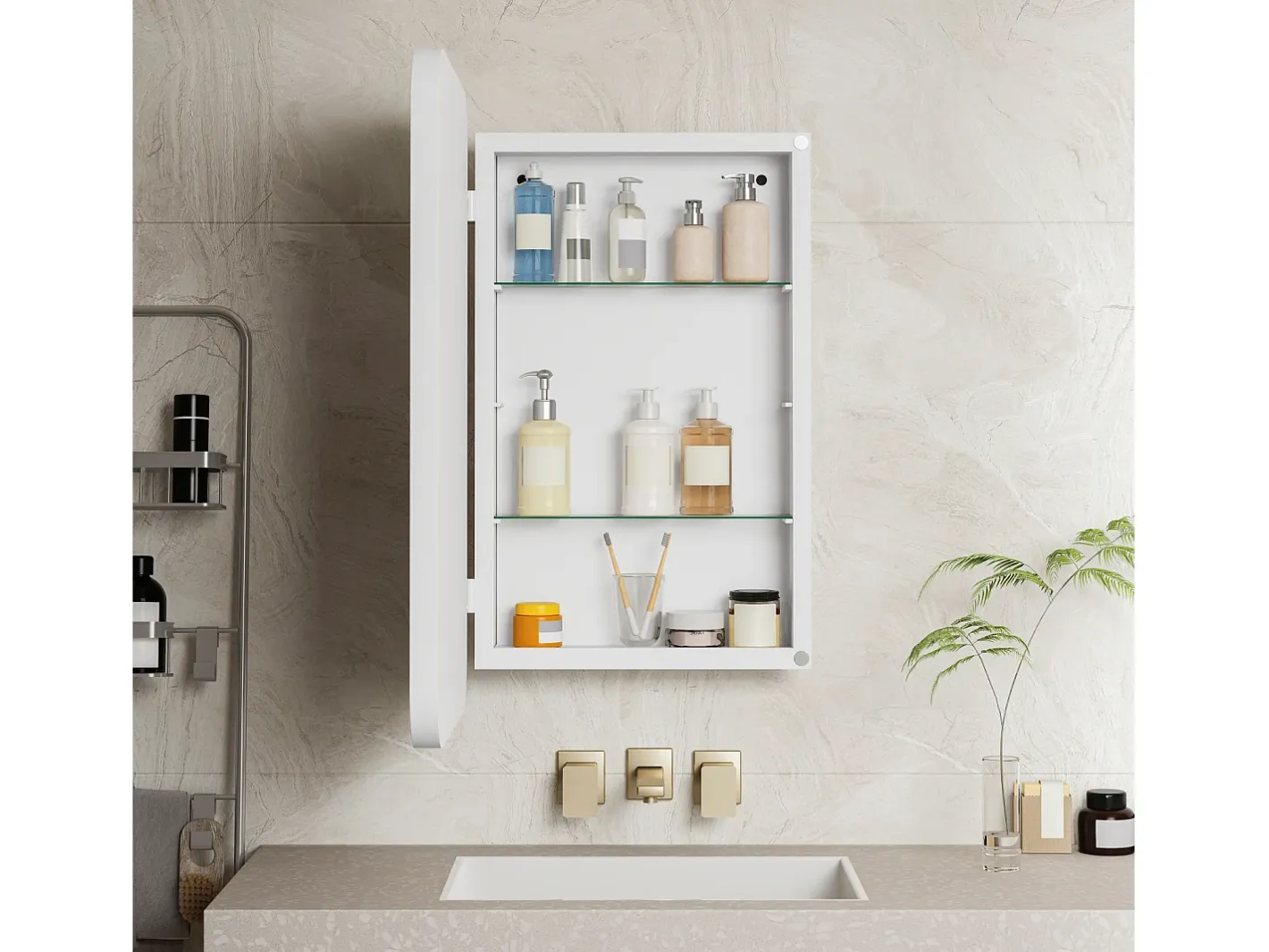 Espejo-Espejo de baño - Mueble con espejo - Estante regulable - 76 x 51 cm - Blanco