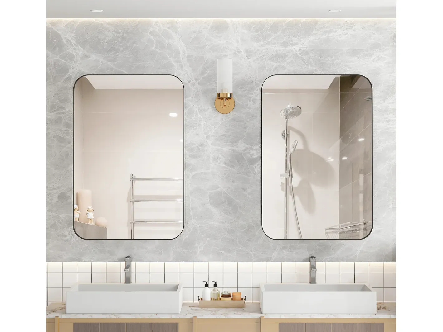 Best Espejo de baño - Mueble con espejo - Estante regulable - 76 x 51 cm - Negro