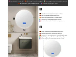 Espejo de baño antivaho sin marco con indicador de temperatura, 3 niveles de brillo, redondo, diámetro 100 cm Transparente New
