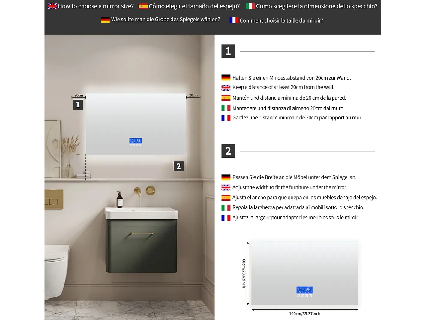 Espejo-Espejo de baño con iluminación LED - 100 x 60 cm - 3 colores de luz - con indicador de temperatura Blanco