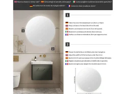 New Espejo de Baño con Iluminación - Redondo Ø80 cm - Espejo de Baño LED - con Antivaho y 3 Colores Cambiantes Transparente