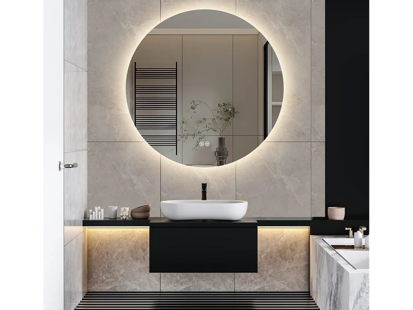 New Espejo de Baño con Iluminación - Redondo Ø80 cm - Espejo de Baño LED - con Antivaho y 3 Colores Cambiantes Transparente