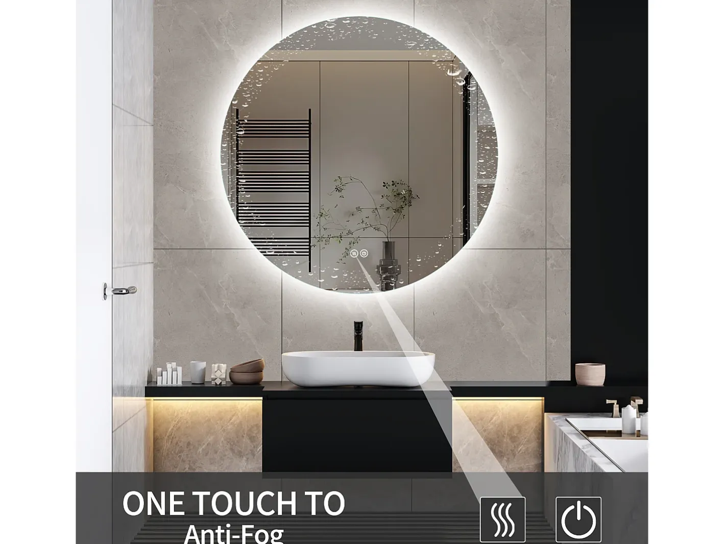 New Espejo de Baño con Iluminación - Redondo Ø80 cm - Espejo de Baño LED - con Antivaho y 3 Colores Cambiantes Transparente