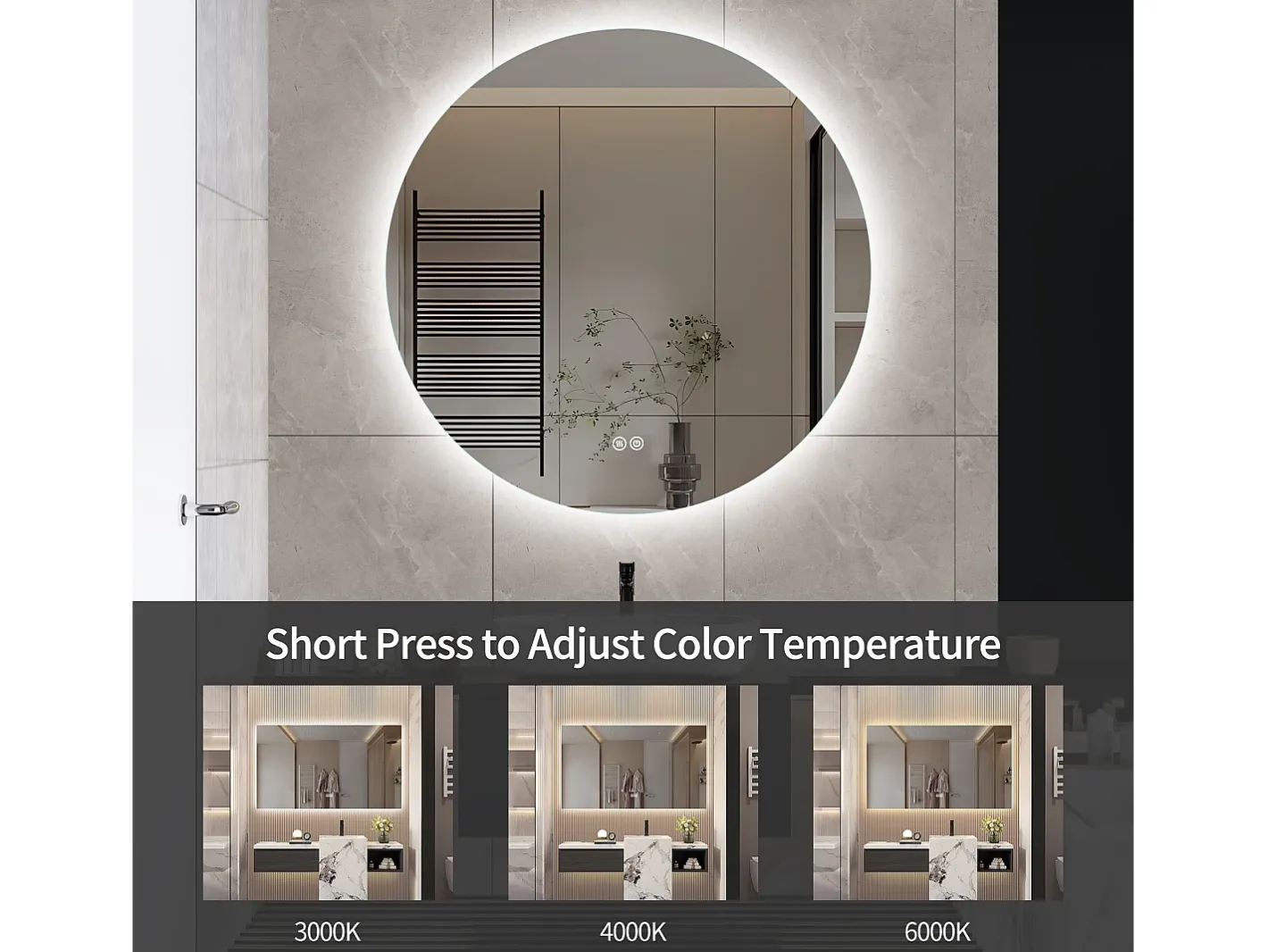 New Espejo de Baño con Iluminación - Redondo Ø80 cm - Espejo de Baño LED - con Antivaho y 3 Colores Cambiantes Transparente