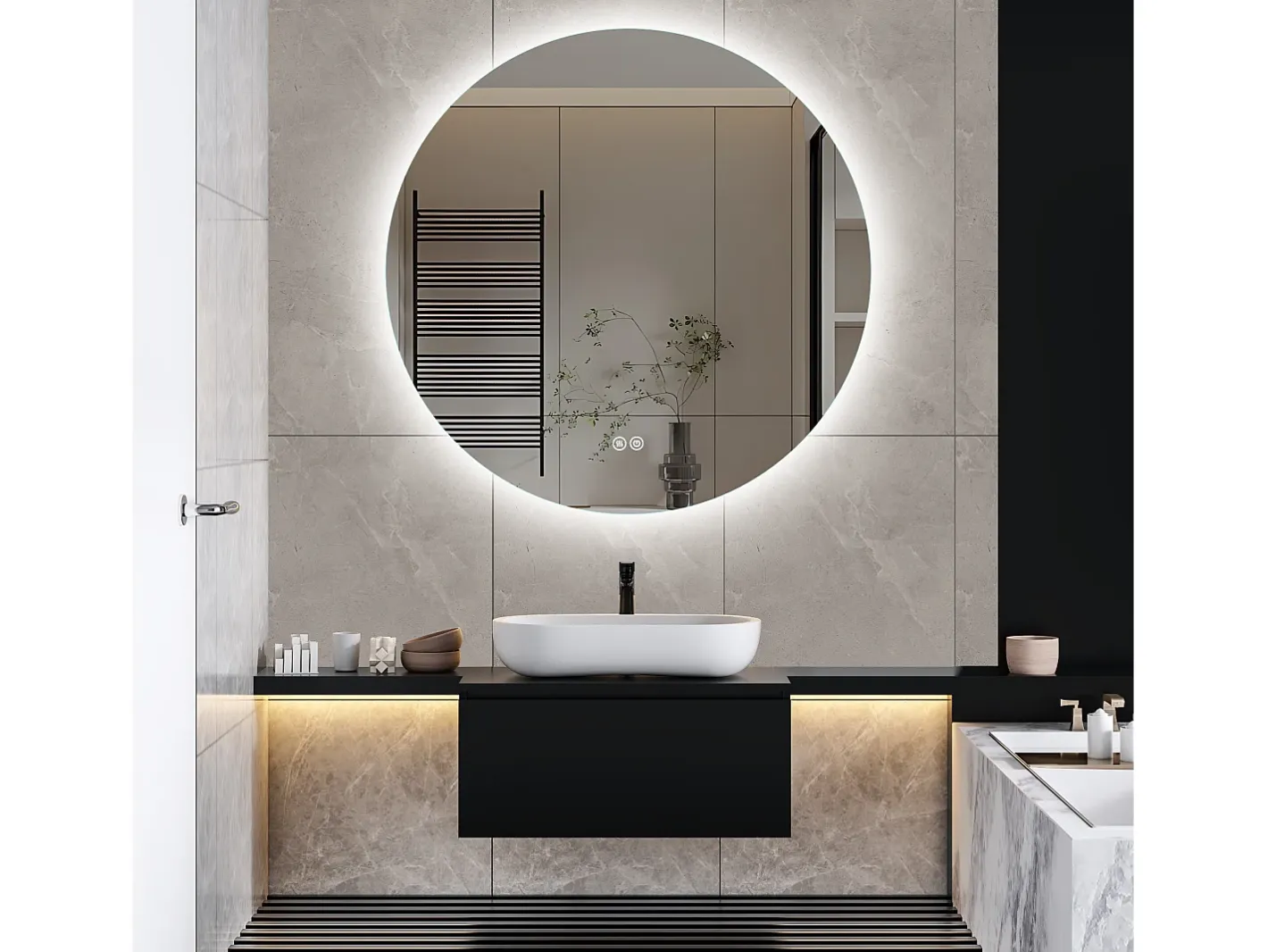 New Espejo de Baño con Iluminación - Redondo Ø80 cm - Espejo de Baño LED - con Antivaho y 3 Colores Cambiantes Transparente