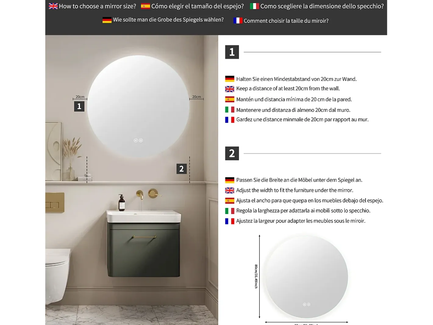 New Espejo de Baño con Iluminación - Redondo Ø80 cm - Espejo de Baño LED - con Antivaho y 3 Colores Cambiantes Transparente