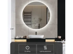 New Espejo de Baño con Iluminación - Redondo Ø80 cm - Espejo de Baño LED - con Antivaho y 3 Colores Cambiantes Transparente