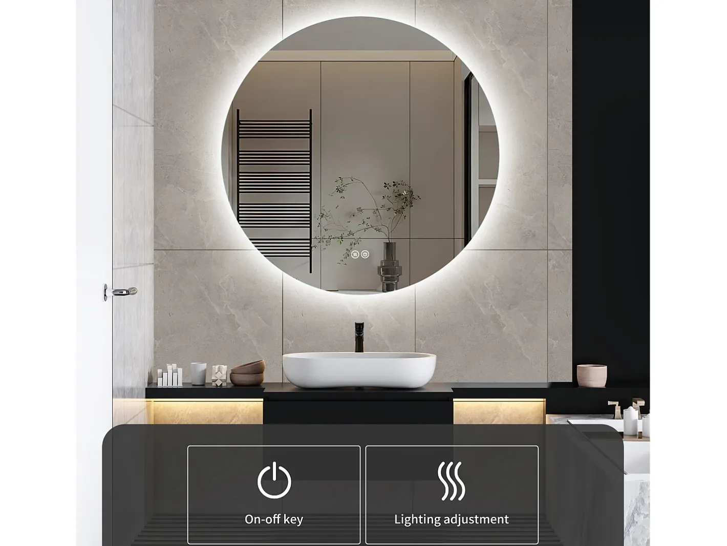 New Espejo de Baño con Iluminación - Redondo Ø80 cm - Espejo de Baño LED - con Antivaho y 3 Colores Cambiantes Transparente