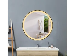 Espejo-Espejo de baño con Led,70 x 70 cm, Luz led con tres colores,Con función antivaho, bluetooth , reloj digital.Marco negro, diseño contemporáneo. Transparente