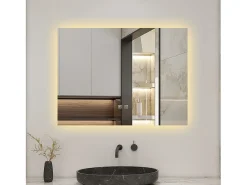 Aica Espejo-Espejo de baño con LED,80 x 60 cm, con iluminación LED de tres colores,rectangular, función antivaho, memoria de apagado y brillo ajustable. Transparente