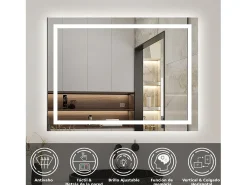Espejo-Espejo de baño con Led,80 x 60 cm, luz blanca, rectangular, Con función antivaho, memoria agapada, brillo ajustable. Transparente