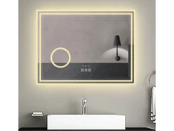 Espejo de baño con Led,80 x 60 cm, Luz led con tres colores,Con función antivaho,reloj digital, bluetooth y Lupa de aumento 3x. Transparente Sale