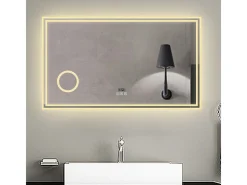Outlet Espejo de baño con Led,120 x 70 cm, Luz led con tres colores,Con función antivaho,reloj digital, bluetooth y Lupa de aumento 3x. Transparente