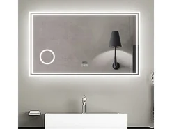 Outlet Espejo de baño con Led,120 x 70 cm, Luz led con tres colores,Con función antivaho,reloj digital, bluetooth y Lupa de aumento 3x. Transparente