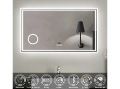 Outlet Espejo de baño con Led,120 x 70 cm, Luz led con tres colores,Con función antivaho,reloj digital, bluetooth y Lupa de aumento 3x. Transparente