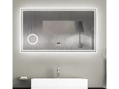 Outlet Espejo de baño con Led,120 x 70 cm, Luz led con tres colores,Con función antivaho,reloj digital, bluetooth y Lupa de aumento 3x. Transparente
