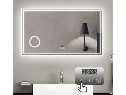 Outlet Espejo de baño con Led,120 x 70 cm, Luz led con tres colores,Con función antivaho,reloj digital, bluetooth y Lupa de aumento 3x. Transparente