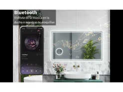 Outlet Espejo de baño con Led,120 x 70 cm, Luz led con tres colores,Con función antivaho,reloj digital, bluetooth y Lupa de aumento 3x. Transparente