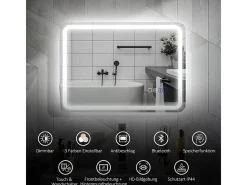 Espejo-Espejo de baño LED con Bluetooth, 3 colores de luz, función de memoria, (70 x 50 x 3,5 cm) Plateado