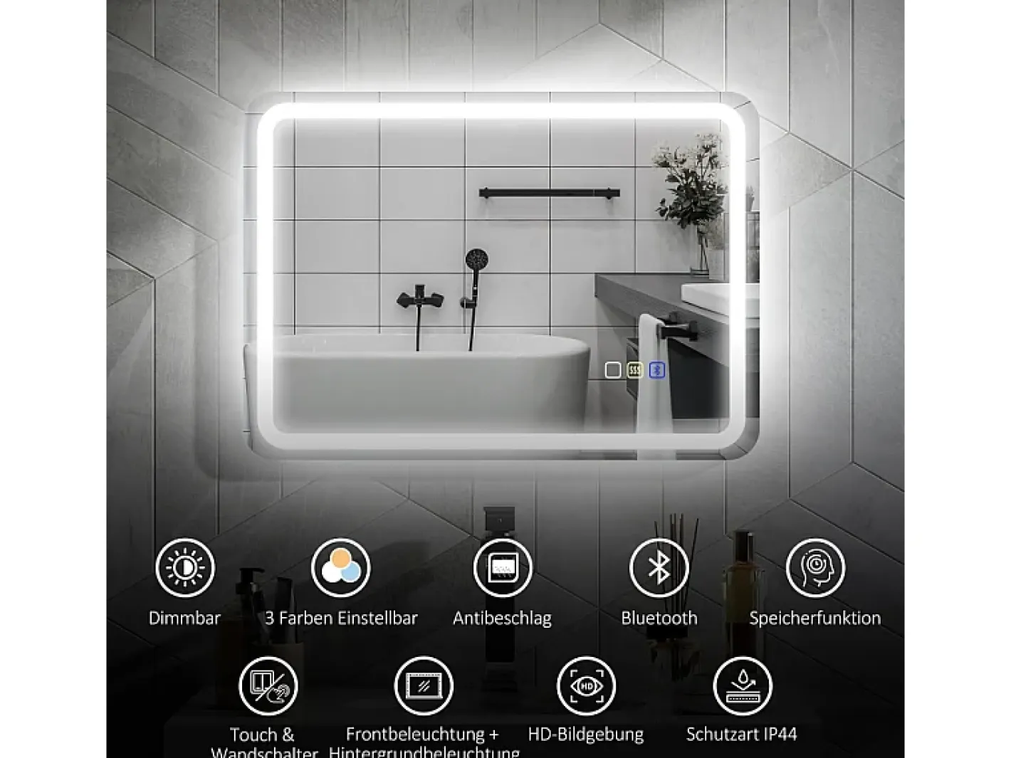 Espejo-Espejo de baño LED con Bluetooth, 3 colores de luz, función de memoria, (70 x 50 x 3,5 cm) Plateado