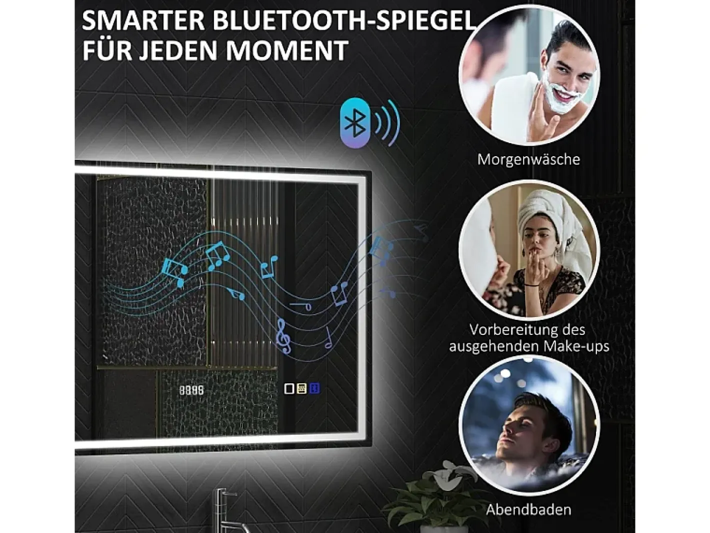 Espejo-Espejo de baño LED con Bluetooth, función de memoria, 3 colores de iluminación, (80 x 60 x 3,5 cm) Plateado