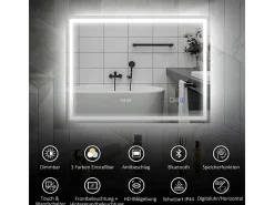 Espejo-Espejo de baño LED con Bluetooth, función de memoria, 3 colores de iluminación, (80 x 60 x 3,5 cm) Plateado