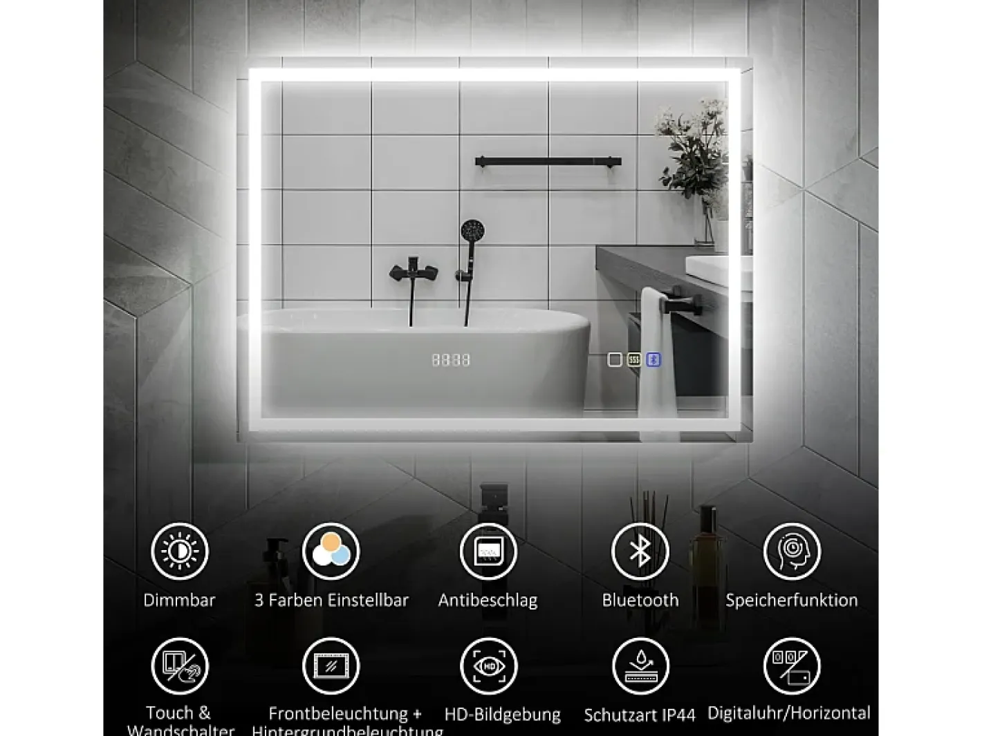 Espejo-Espejo de baño LED con Bluetooth, función de memoria, 3 colores de iluminación, (80 x 60 x 3,5 cm) Plateado