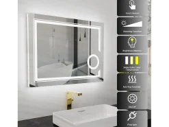 Fativo Espejo-Espejo de baño LED, espejo de pared con aumento antivaho iluminado, 90x70cm Plateado