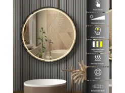 Fativo Espejo-Espejo de baño LED redondo 80cm con 3 colores ajustables antivaho 80x80cm Negro