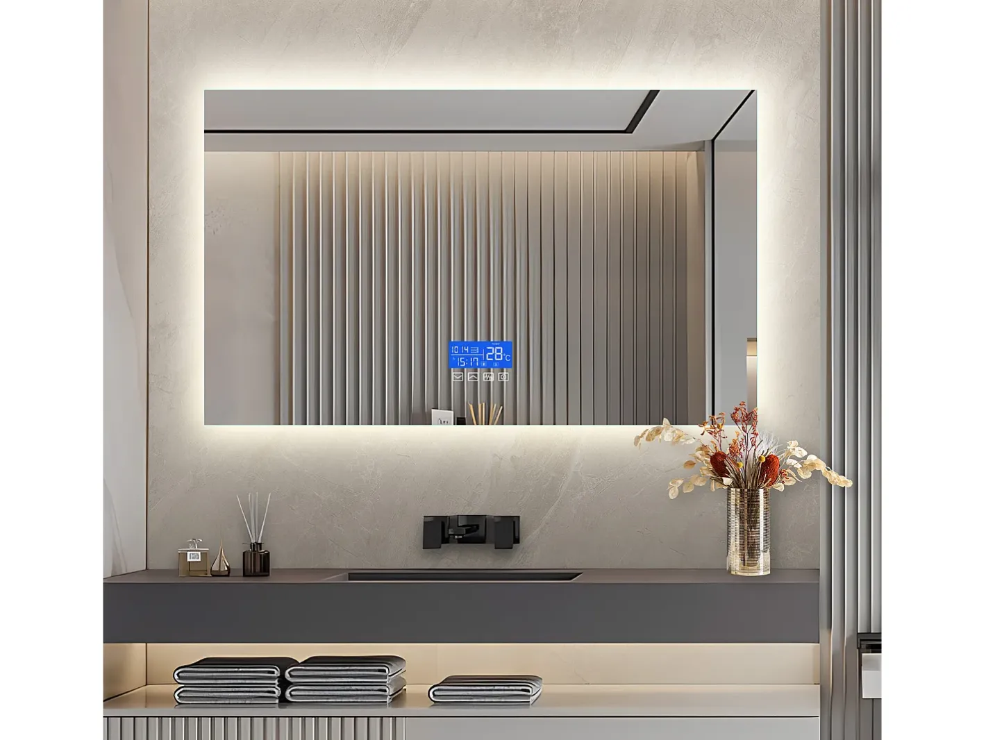 Espejo-Espejo de baño LED 100x60 cm - Iluminación, Táctil, Antivaho, Reloj, Temperatura, Regulable Transparente