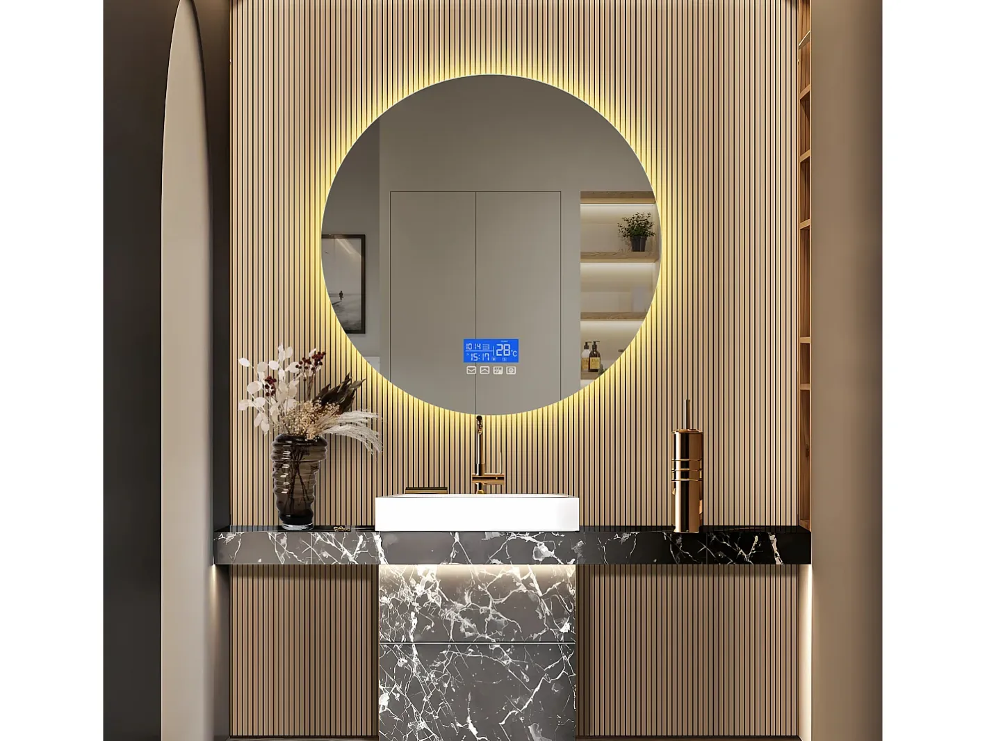 Espejo de baño, pantalla de temperatura, función antivaho, ajuste de brillo, D100CM Blanco Best
