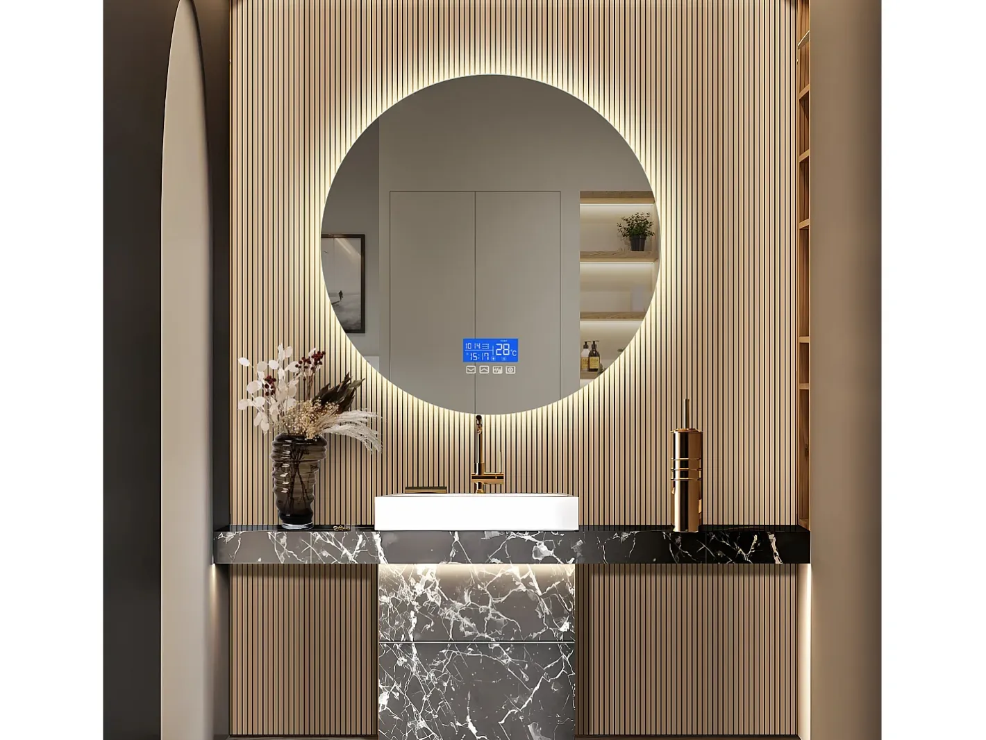 Espejo de baño, pantalla de temperatura, función antivaho, ajuste de brillo, D100CM Blanco Best