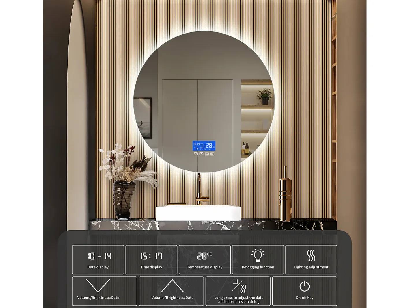 Espejo de baño, pantalla de temperatura, función antivaho, ajuste de brillo, D100CM Blanco Best
